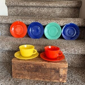 Colorful Ceramic Tea Cup and Saucer Set - Yellow & Red with Assorted Plates